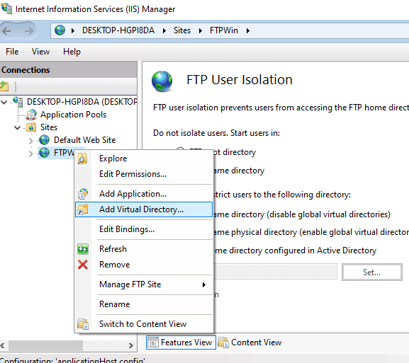 Configure FTP User Isolation - add directory