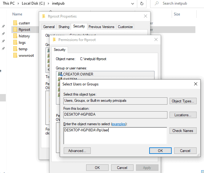 ADD Group for FTP Server permissions on Windows 10