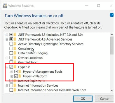 Hyper-v Windows Turn on or Off feature