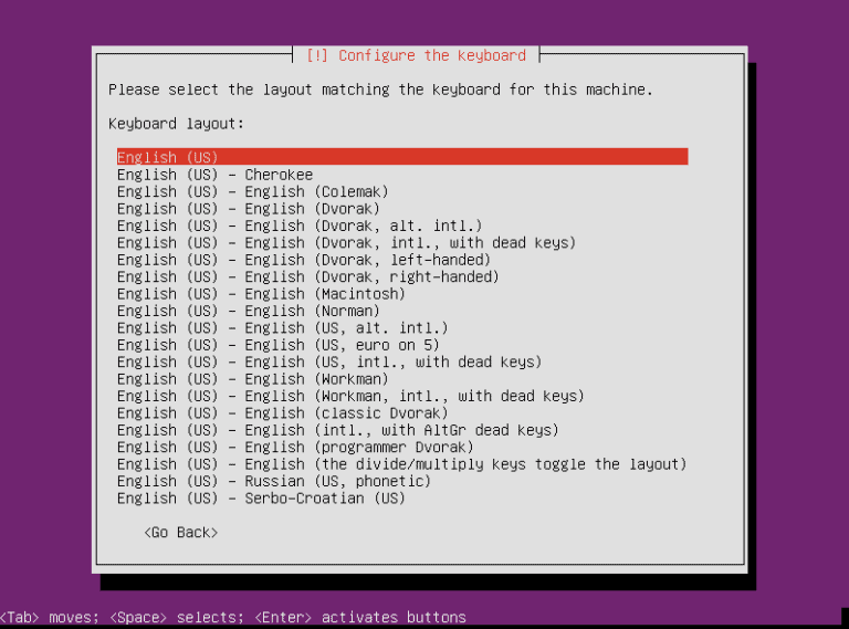 Select ubuntu server matching keyboard
