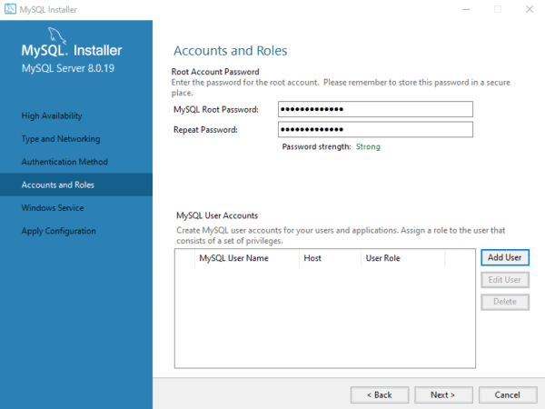 install mysql windows 10 Account and Roles