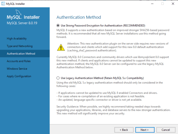 Install MYSQL Windows 10 Authentication Mode