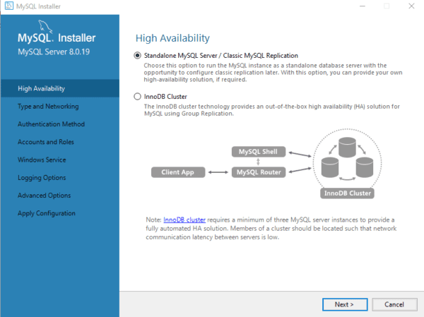 MYSQL windows 10 High Availability Screen