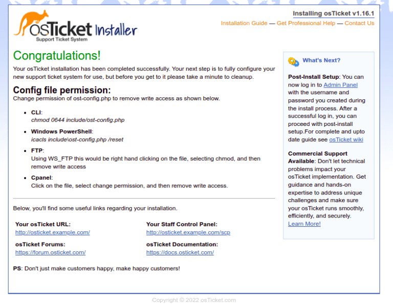 Install osTicket Open Source Ticketing System on Ubuntu 20.04 installation complete