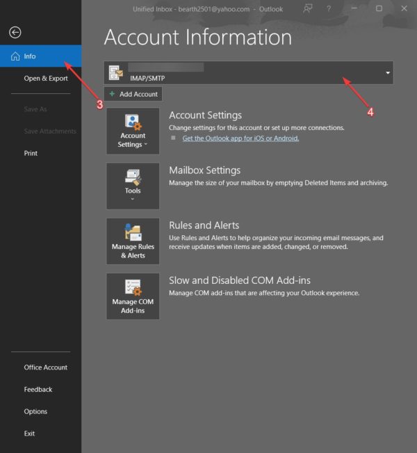 Configure Outlook SMTP, IMAP and POP3 Account Information Screen