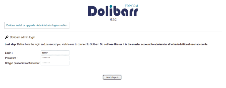 Dolibarr ERP CRM on Ubuntu 20.04 dolibarr admin creation