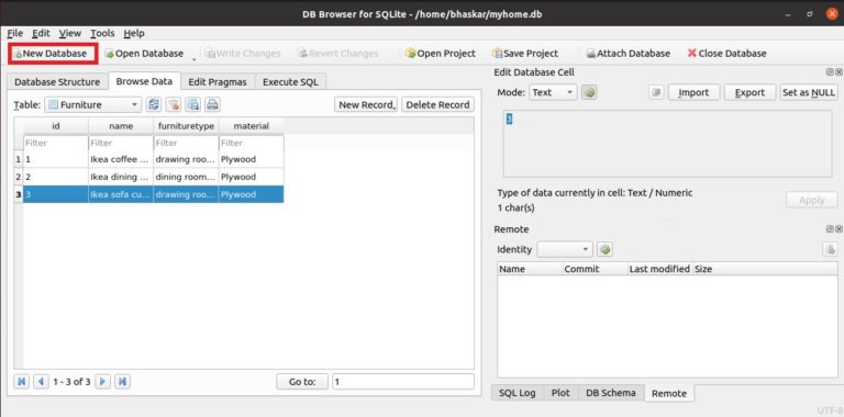 database creation using SQLite Browser