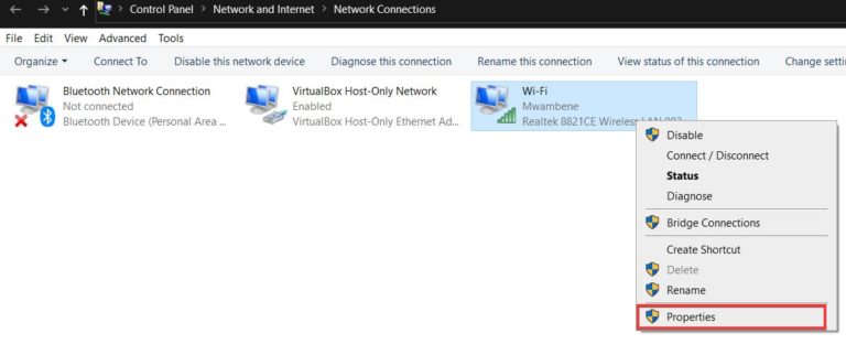 Properties selection for WiFi in Network Connection Settings screen