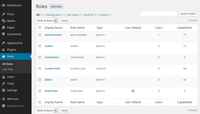 display of WordPress user roles