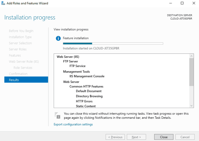 Setup FTP Server using IIS on Windows Server 2022 installation progress