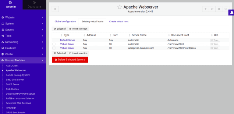 Install WordPress via Webmin on Ubuntu 20.04 / Debian apache virtual host created