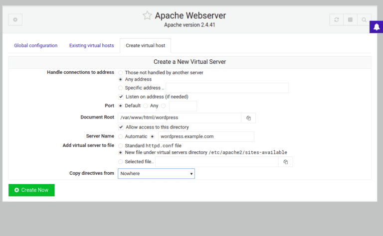 Install WordPress via Webmin on Ubuntu create apache virtual host