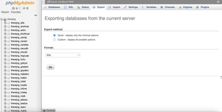 phpMyAdmin exporting database from current server