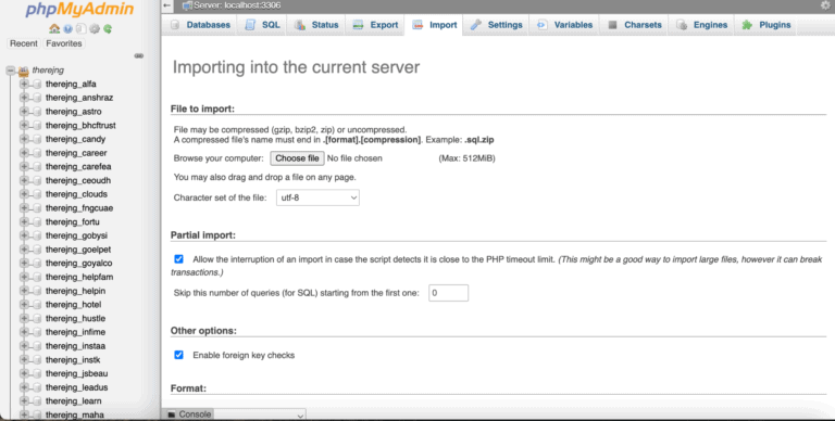 phpMyAdmin importing database to current server