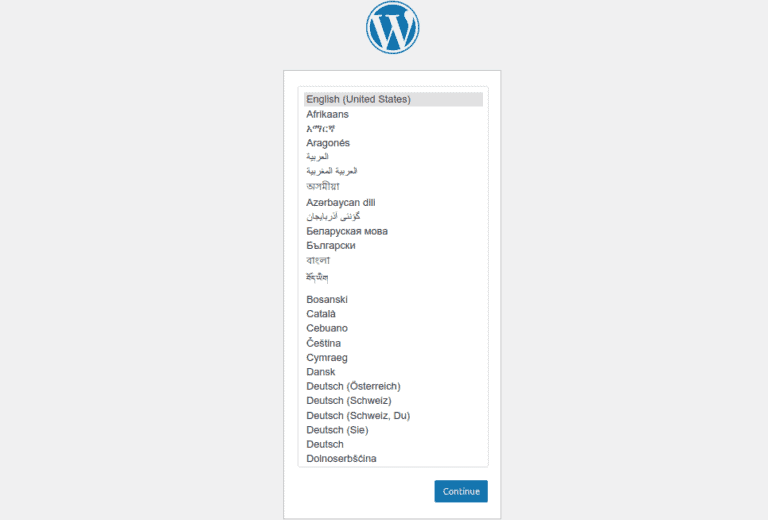 How to Install WordPress via Webmin on Ubuntu 20.04 / Debian wordpress language selection page