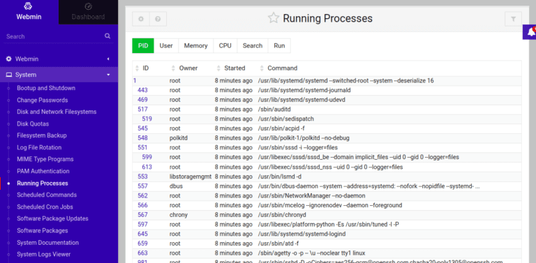 webmin running processes