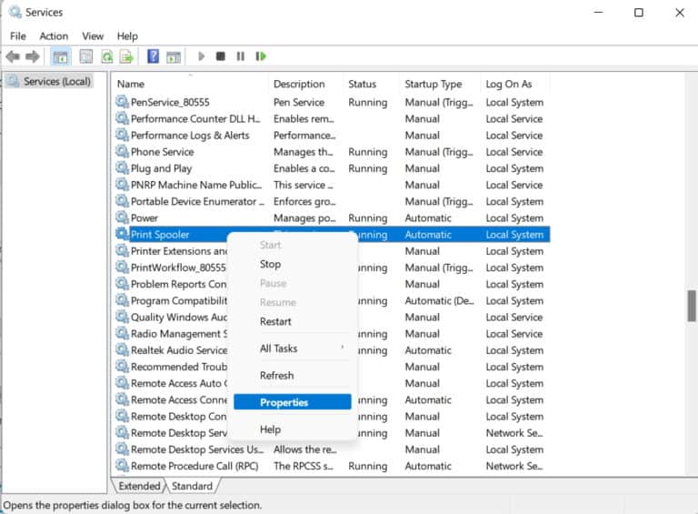 Restart Windows Print Spooler on Windows 10 / 11 Print spooler service configuration