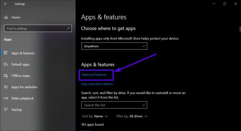 Apps and Features Settings Screen