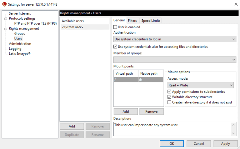Install FileZilla FTP Server on Windows Server 2022 settings screen