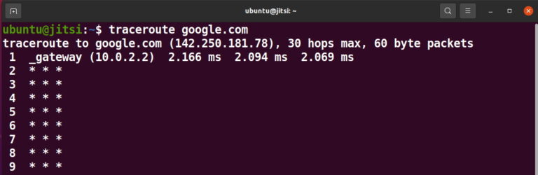 Traceroute command and output