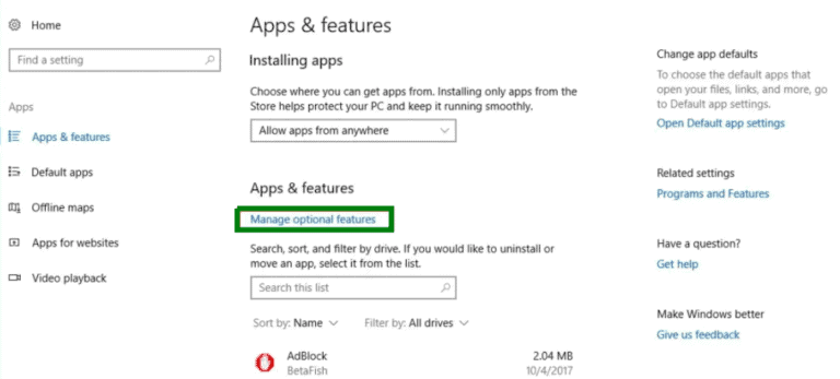 windows app and features