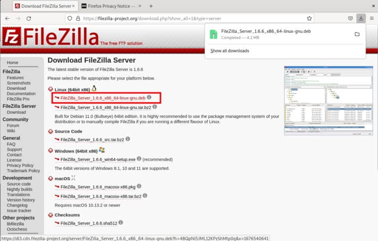Download FileZilla FTP server installation file (.deb)