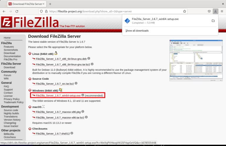 Download FileZilla FTP server installation file (Wine)