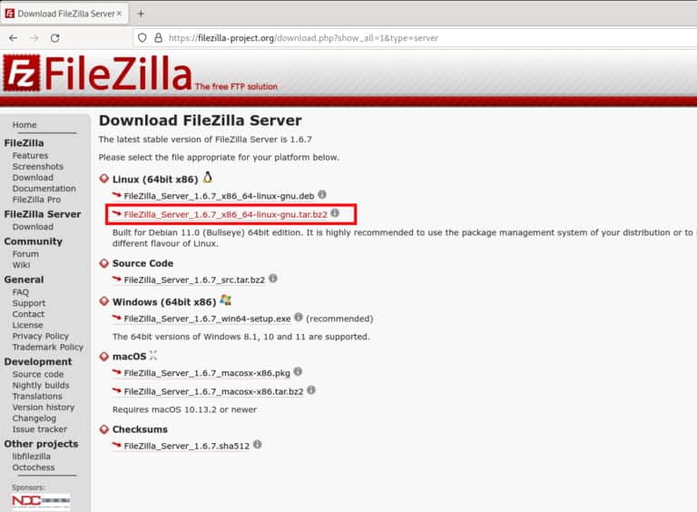 Download FileZilla FTP server installation file (tar.bz2)