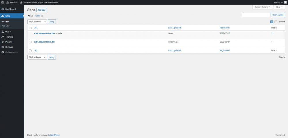 Screenshot of WordPress Multisite Network Setup - Site list