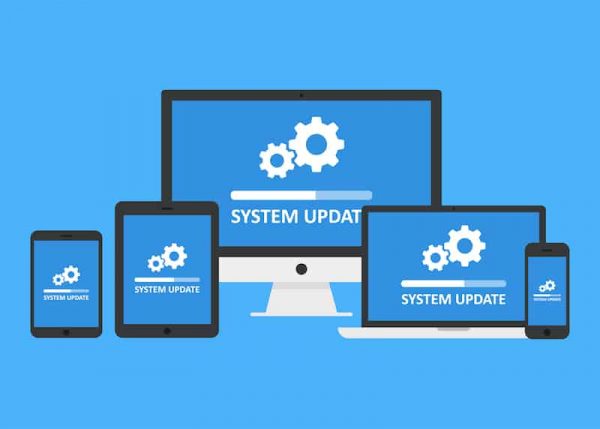 System update set. IT administrators installing updates for software, drivers, operating system. Vector flat style cartoon illustration isolated on blue background