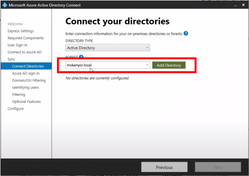 Add Local Directory to Azure AD Connect