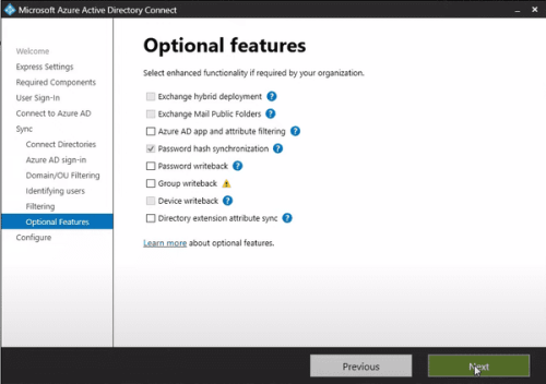 Azure AD Connect Server Optional Features