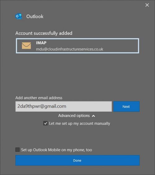 Microsoft Outlook Account management final screen for Outlook 2019