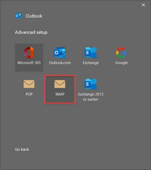 Server Protocol Selection Screen for Outlook