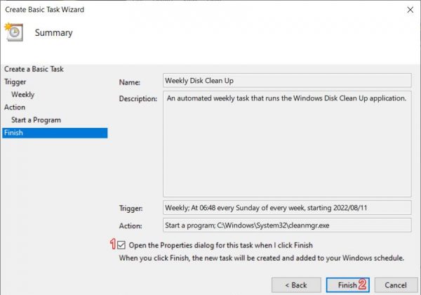 Windows Task Scheduler Finish Screen