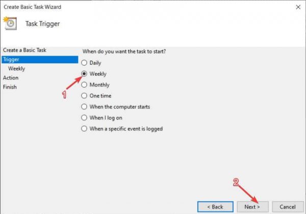 Selecting a Trigger with Windows Task Schedular Wizard